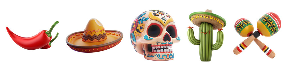Party Like a Mexican: Simple Cartoon 3D Illustration Render of Maracas, Cactus, Painted Skull, Calavera, Sombrero, Mexican Hat, and Mexican Rattle, Isolated on Transparent Background, PNG