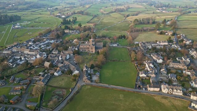 Aerial video of an old Cathedral in St Davids, Wales on a sunny day