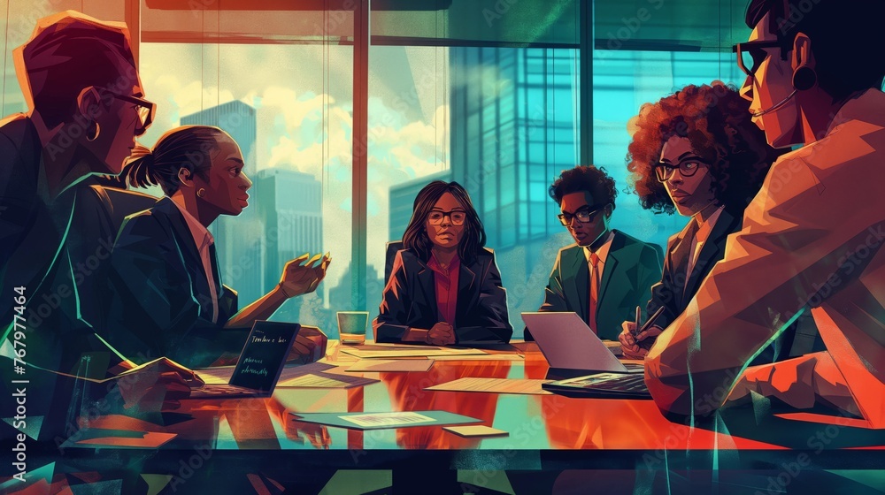 Poster inclusive boardroom meeting with diverse transgender and non-binary executives collaborating on corp