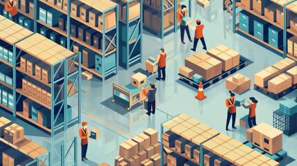 Digital illustration depicting organized employees managing and processing orders in a streamlined warehouse setting