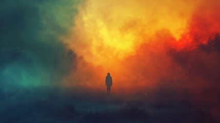 A mysterious figure standing at the edge of a misty forest at dawn, the rising sun casting long shadows and creating a high contrast between the silhouetted figure.