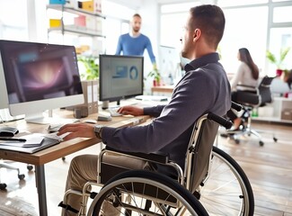 Disabled person in the wheelchair works in the office at the computer. He is smiling and passionate about the workflow.