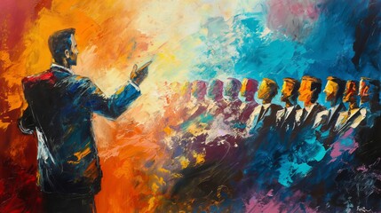 Captivating and vibrant leadership speech painting inspired by business. Motivational abstract artwork. And colorful team communication for success in corporate public speaking. Conferences