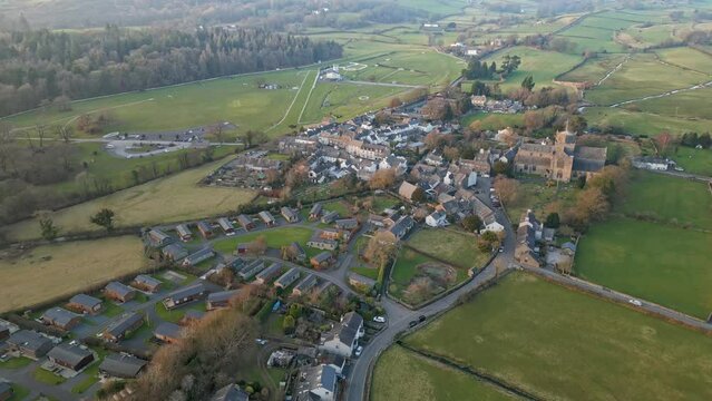 Aerial video of an old Cathedral in St Davids, Wales on a sunny day
