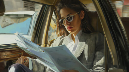 Artistic depiction of a focused businesswoman reading reports while commuting in a cab