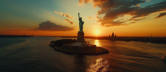 sunset over the liberty statue