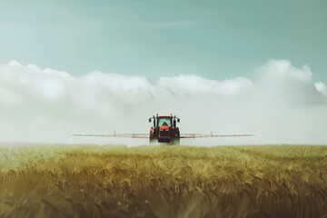 Fototapeta premium A tractor spraying pesticides in a vast rural field on a sunny day. Concept Agriculture, Farming, Pesticides, Tractor, Rural Setting