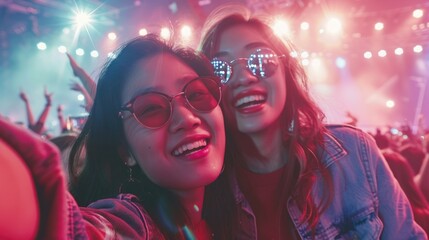 couple dancing, selfie image of two young women at a concert in a giant indoor arena, capture the excitement of live music, vibrant atmosphere, friendship and fun, concert hall ambience