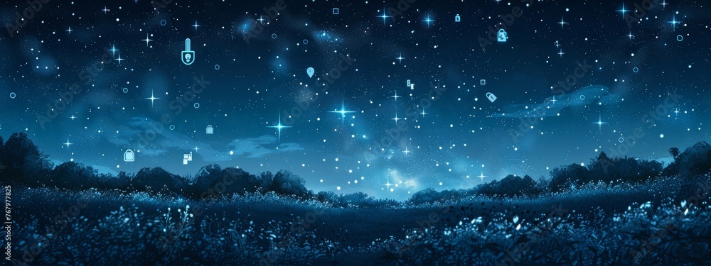 Poster a night sky where constellations form the shapes of keys and lock icons, representing the universal 