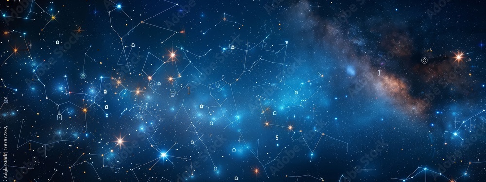 Poster a night sky where constellations form the shapes of keys and lock icons, representing the universal 