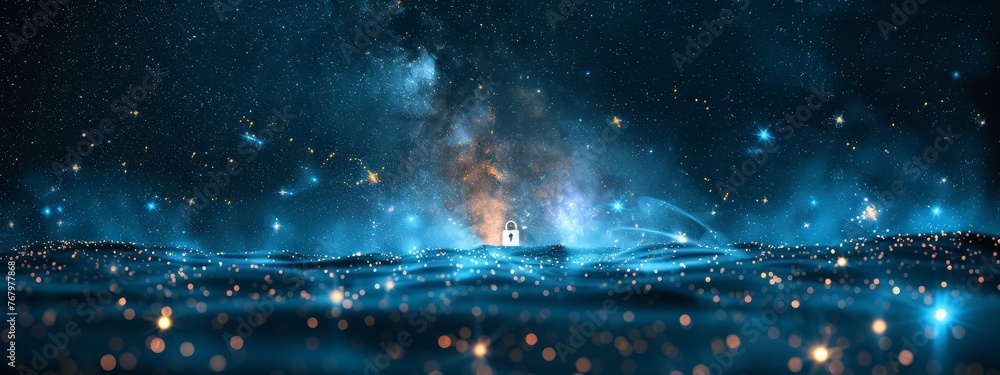 Poster a night sky where constellations form the shapes of keys and lock icons, representing the universal 
