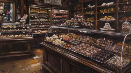 Fotobehang Detailed painting depicting the cozy interior of a gourmet chocolate shop, showcasing a variety of handmade chocolates © Татьяна Евдокимова