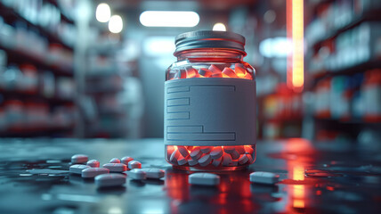 Dynamic hospital scene: Jar with blank label surrounded by pills,generative ai - obrazy, fototapety, plakaty