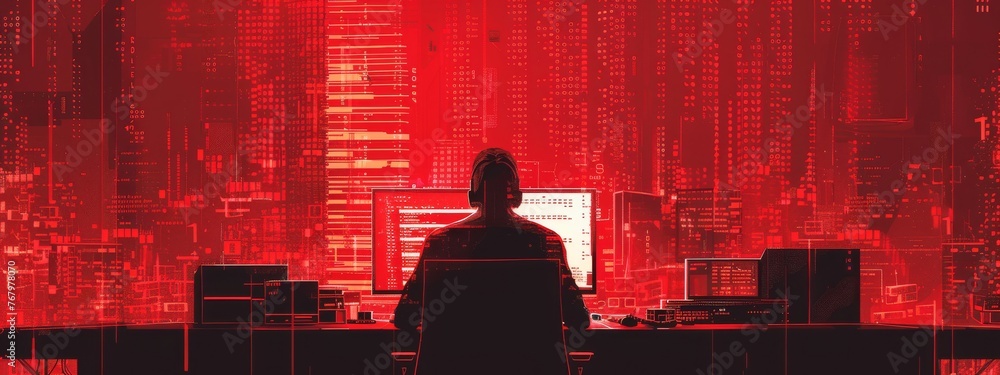Poster a noir-style silhouette of a hacker at a computer with digital locks being picked in the background,