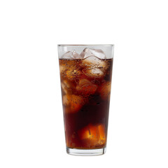 A glass of iced coffee with ice cubes in it. The glass is half full and the ice cubes are scattered throughout the drink - obrazy, fototapety, plakaty