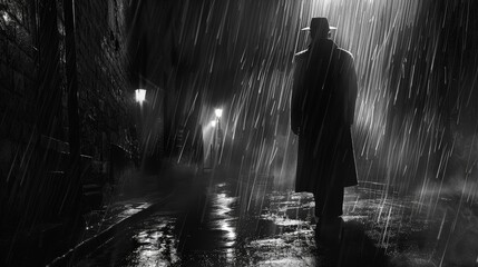 A noir-style detective in a rain-soaked alley, under a single streetlight, casting long shadows, reminiscent of 1940s film noir aesthetics.