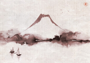Monochrome ink wash painting with Fuji mountain, fishing boats, flying birds and trees reflecting in water. Traditional oriental ink painting sumi-e, u-sin, go-hua.  Hieroglyph - life energy. - 767978093