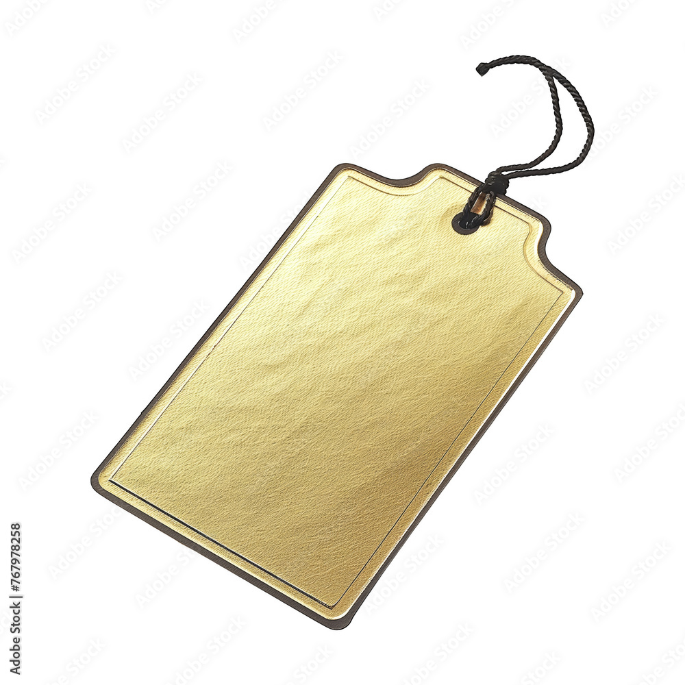 Poster a gold tag with a black border. the tag is hanging from a string