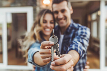 A smiling couple extending a house key with their home entrance visibly in the soft background