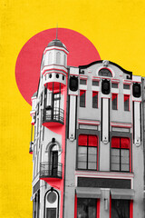 Poster. Contemporary art collage. Colorful, eclectic building facade with bold red accents. Vibrant abstract design. Concept of modern culture, architecture, aesthetic, journey and tourism. Ad