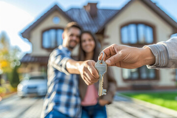 A couple smiles at the camera while one hand presents the house key, conveying ownership