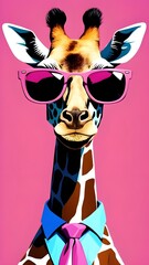 illustration of a funny giraffe wearing sunglasses in a pink pastel background ; copy space for text