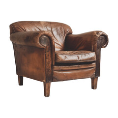 A leather chair with a wooden frame. The chair is brown and has a worn look to it