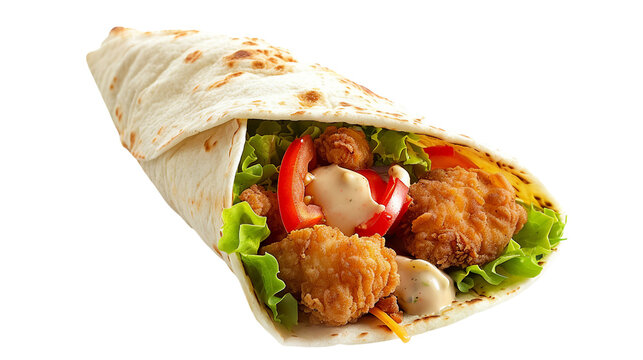 Savory Tortilla Wrap with Crispy Fried Chicken and Fresh Vegetables on Transparent Background - Delicious Mexican Cuisine for Lunch or Dinner