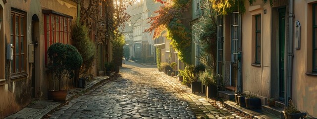 Fototapeta na wymiar A peaceful, early morning scene of a quiet, cobblestone street in Europe.