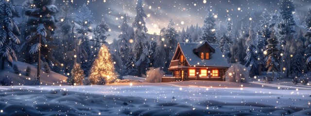 A peaceful, snowy scene with a cabin and soft, glowing lights inside.