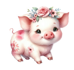 Cute cheerful pig in a flower wreath. Watercolor illustration