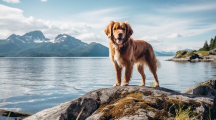 A dog is standing on a rock near a body of water - Powered by Adobe
