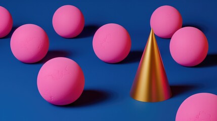 3D pink spheres with one golden cone, Individuality, inclusive, uniqueness, difference and diversity concept