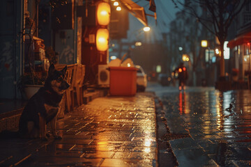 dog sitting in night city alone.