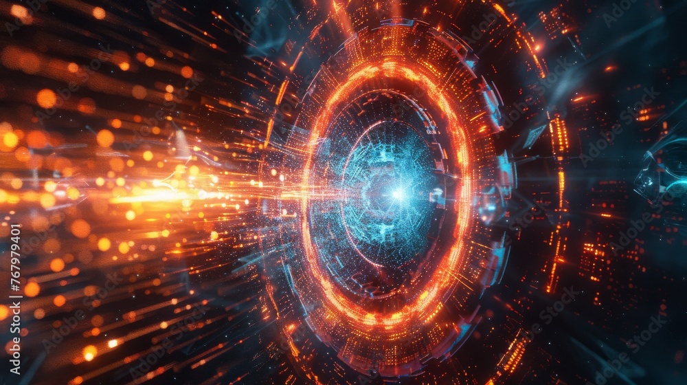 Poster a powerful quantum computer core emitting energy, with encryption symbols being reinforced around it