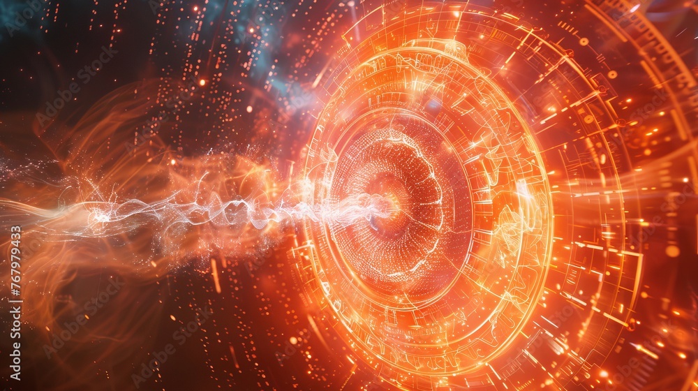 Poster a powerful quantum computer core emitting energy, with encryption symbols being reinforced around it