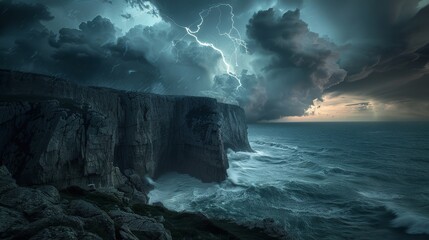 A powerful thunderstorm over a rugged coastline, with waves crashing against the cliffs under the flash of lightning, capturing the raw power of nature and the contrast between the dark storm clouds. - obrazy, fototapety, plakaty