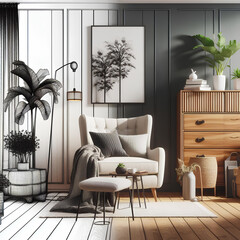 New living room interior with a comfortable armchair, chest of drawers, screen and indoor plants, a pencil black and white sketch in one part of the screen turns into real volumetric furniture in anot - obrazy, fototapety, plakaty