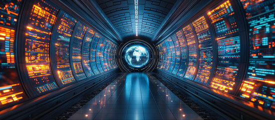 stock market, cosmic room and abstract technology tunnel