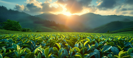 Tea field landscape, agriculture - obrazy, fototapety, plakaty