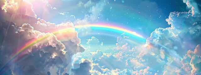 A rainbow bridge connecting two cloud cities in the sky. - obrazy, fototapety, plakaty