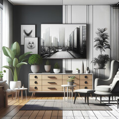 New living room interior with a comfortable armchair, chest of drawers, screen and indoor plants, a pencil black and white sketch in one part of the screen turns into real volumetric furniture in anot