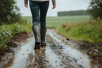 A woman in rubber boots strolls along a country path. Concept Nature, Country Life, Rural Scene, Rubber Boots, Lifestyle - obrazy, fototapety, plakaty