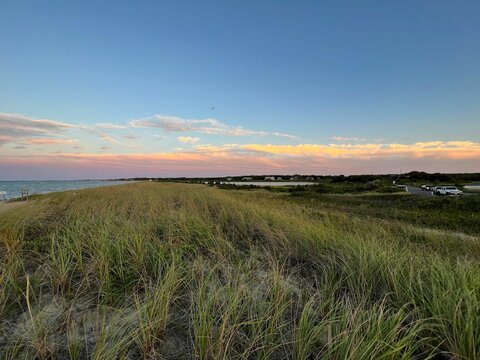 Beach scene with green grass and a row of houses on the island of Martha's Vineyard at sunset