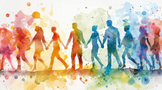 A vibrant watercolor painting captures a diverse group of silhouetted people joyfully holding hands, symbolizing unity and togetherness.