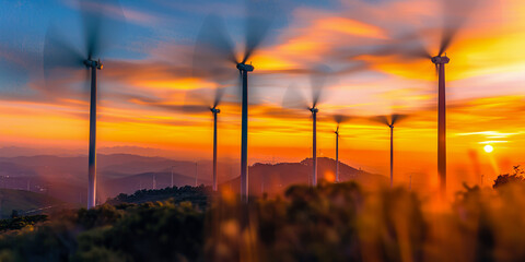 Renewable Energy Concept with Wind Turbines at Sunset, Sustainable Power Generation Landscape