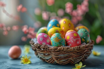 Fototapeta na wymiar A wicker basket filled with colorful Easter eggs on a wooden table