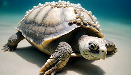 A Turtle With Its Shell Adorned With Pearls - obrazy, fototapety, plakaty