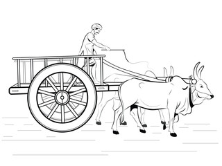 farmer riding a bullock cart sketch