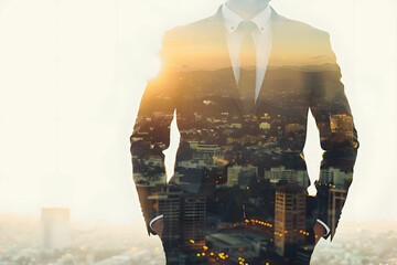 Leader or confident businessman hands on his waist in a silhouette double exposure. in the background is view of city. stylish in the style of double exposure - obrazy, fototapety, plakaty